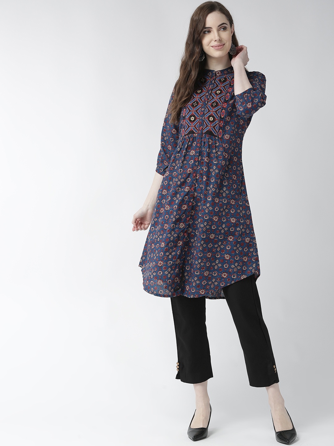 

RANGMAYEE Women Navy & Black Printed Kurta with Trousers, Navy blue