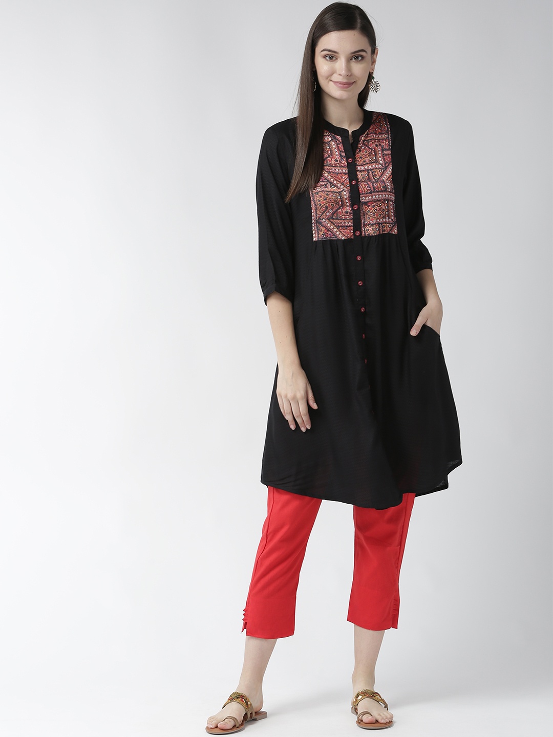 

RANGMAYEE Women Black & Red Yoke Design Kurta with Trousers