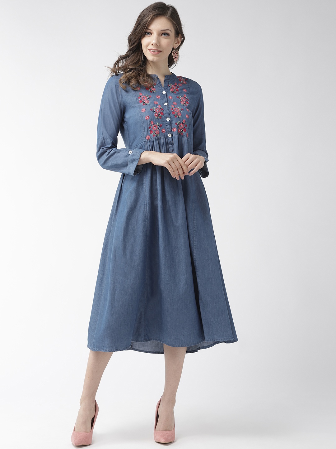 

RANGMAYEE Women Blue & Pink Chambray Floral Embroidered Detail A-Line Dress