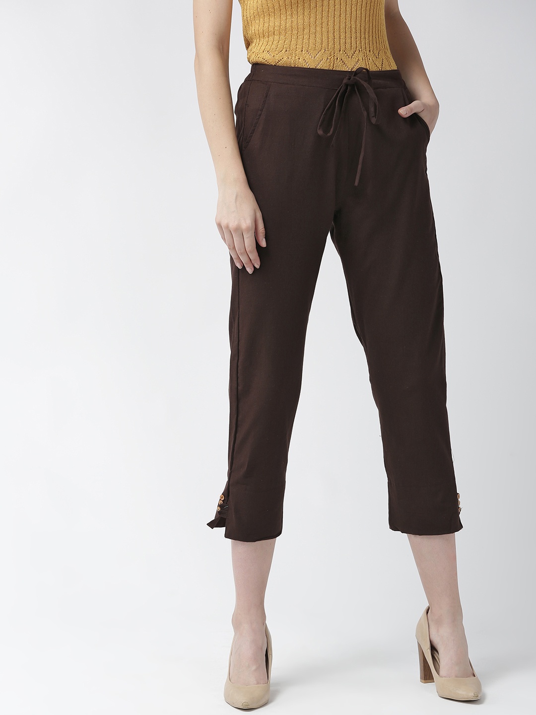 

RANGMAYEE Women Coffee Brown Comfort Straight Fit Solid Cropped Trousers