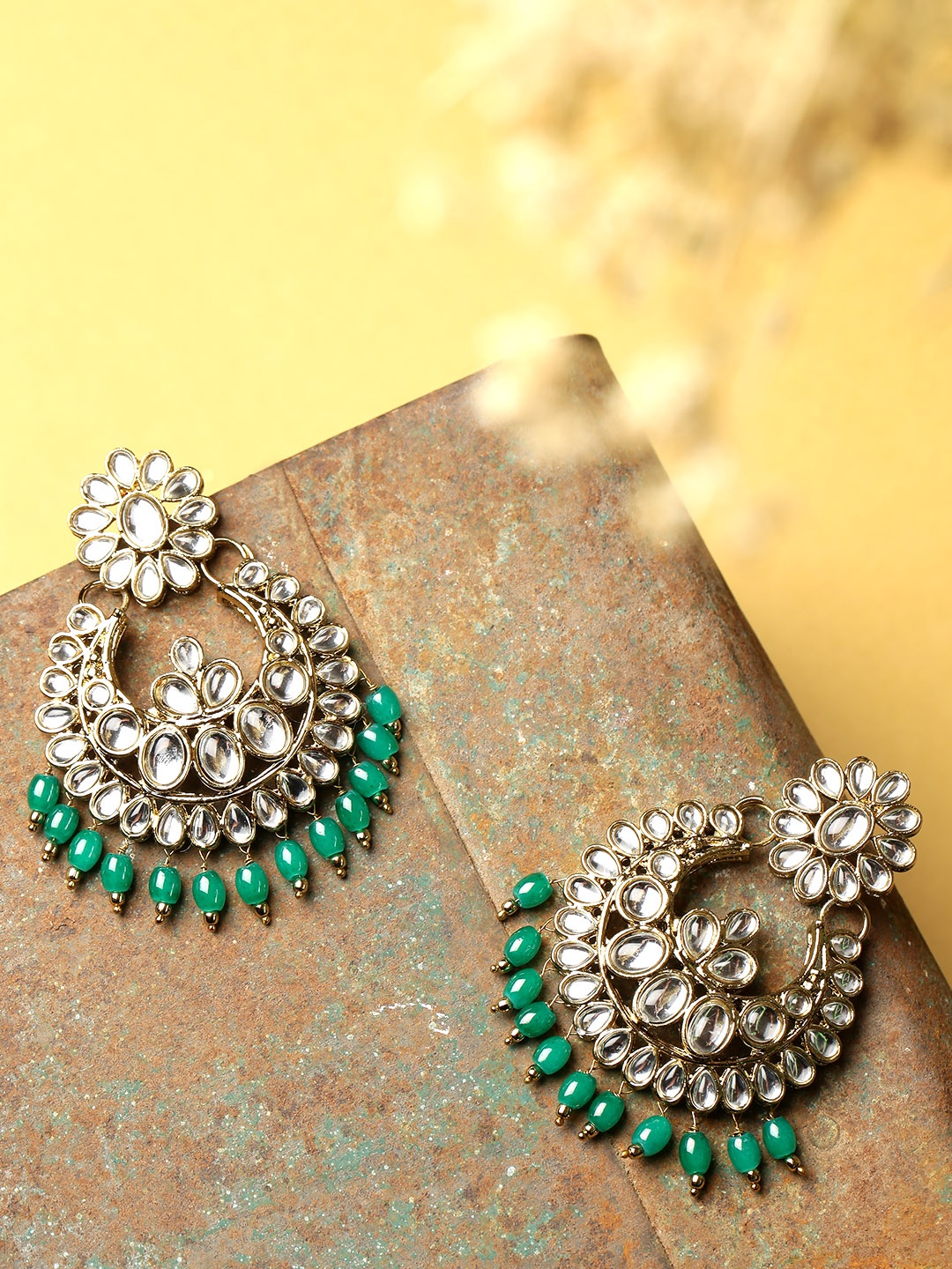 

Jewels Galaxy Green Gold-Plated Stone-Studded Crescent-Shaped Chandbalis