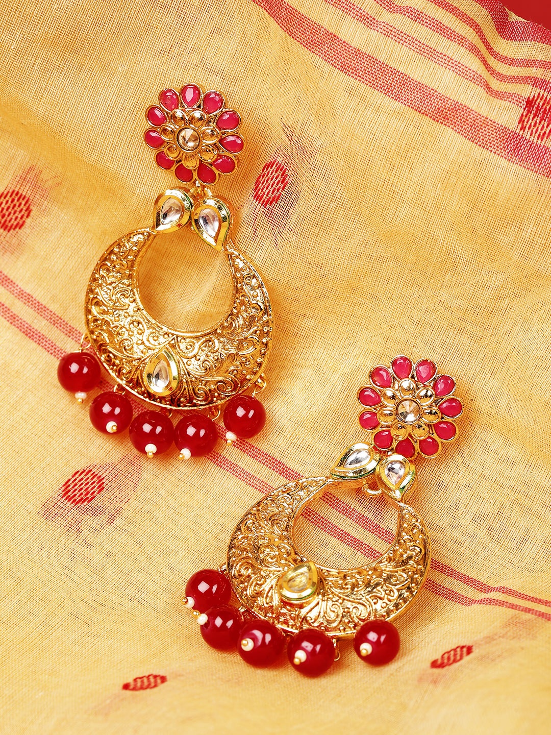 

Jewels Galaxy Red Gold-Plated Stone-Studded Crescent-Shaped Chandbalis