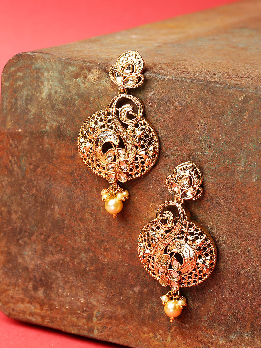 

Jewels Galaxy Gold-Plated Stone-Studded & Beaded Classic Drop Earrings