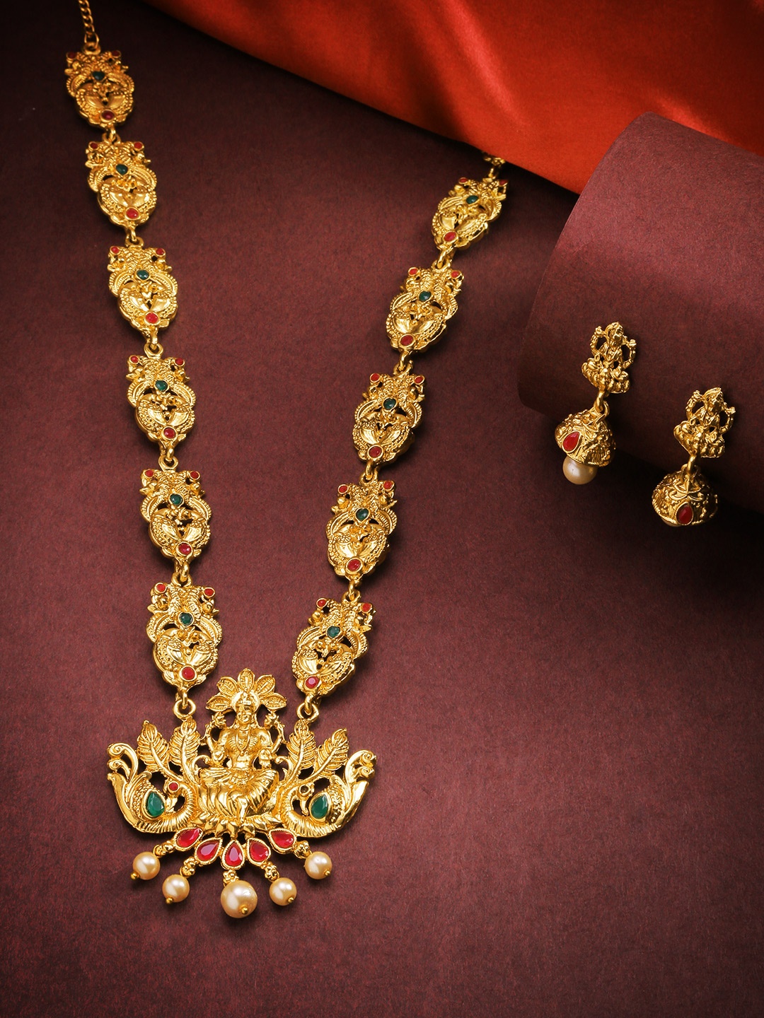 

Jewels Galaxy Pink & Green Gold-Plated Stone-Studded Goddess Lakshmi Jewellery Set