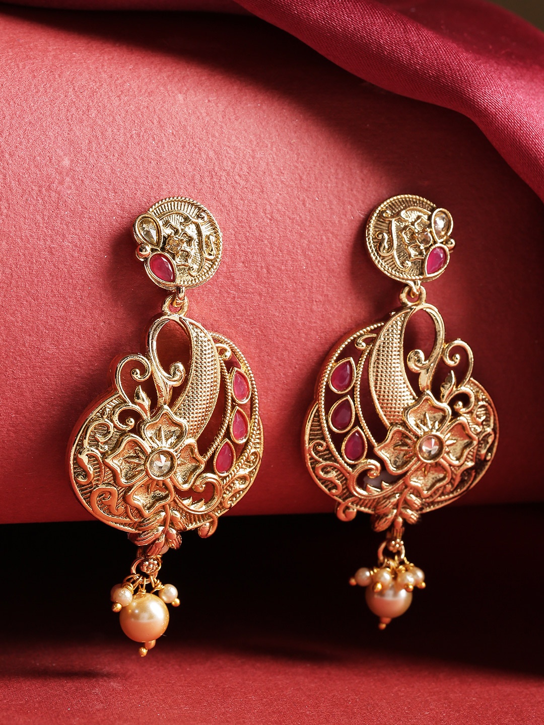 

Jewels Galaxy Pink Antique Gold-Plated Stone-Studded Classic Drop Earrings