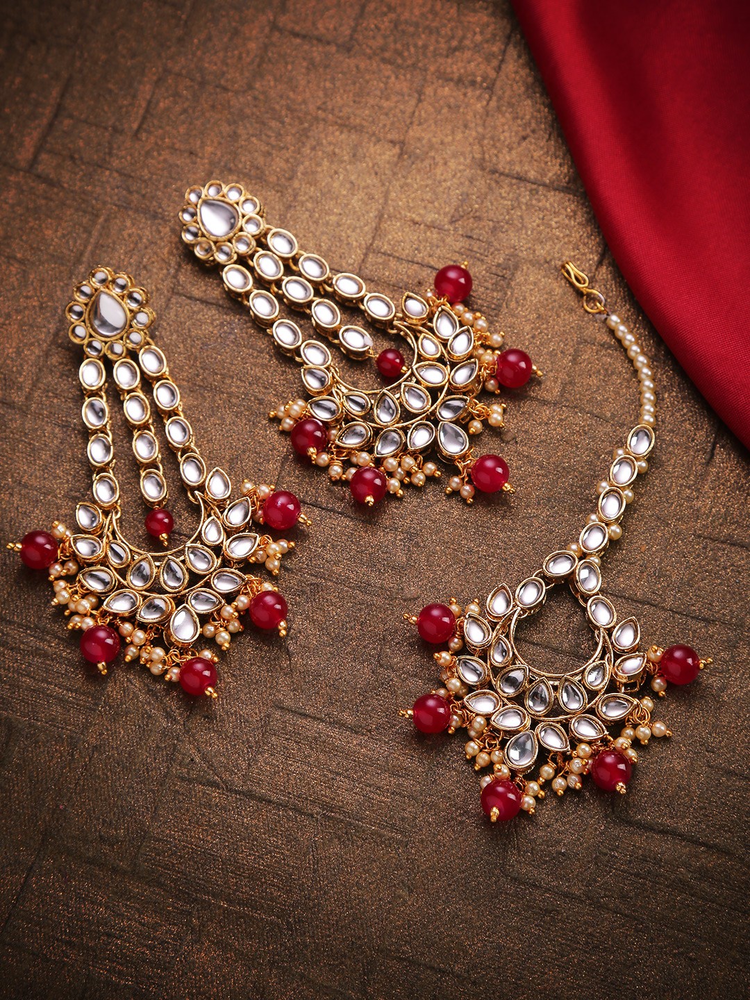 

Jewels Galaxy Red Gold-Plated Stone-Studded & Beaded Jewellery Set