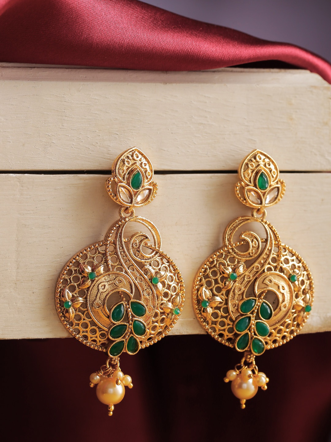 

Jewels Galaxy Green Antique Gold-Plated Stone-Studded Classic Drop Earrings