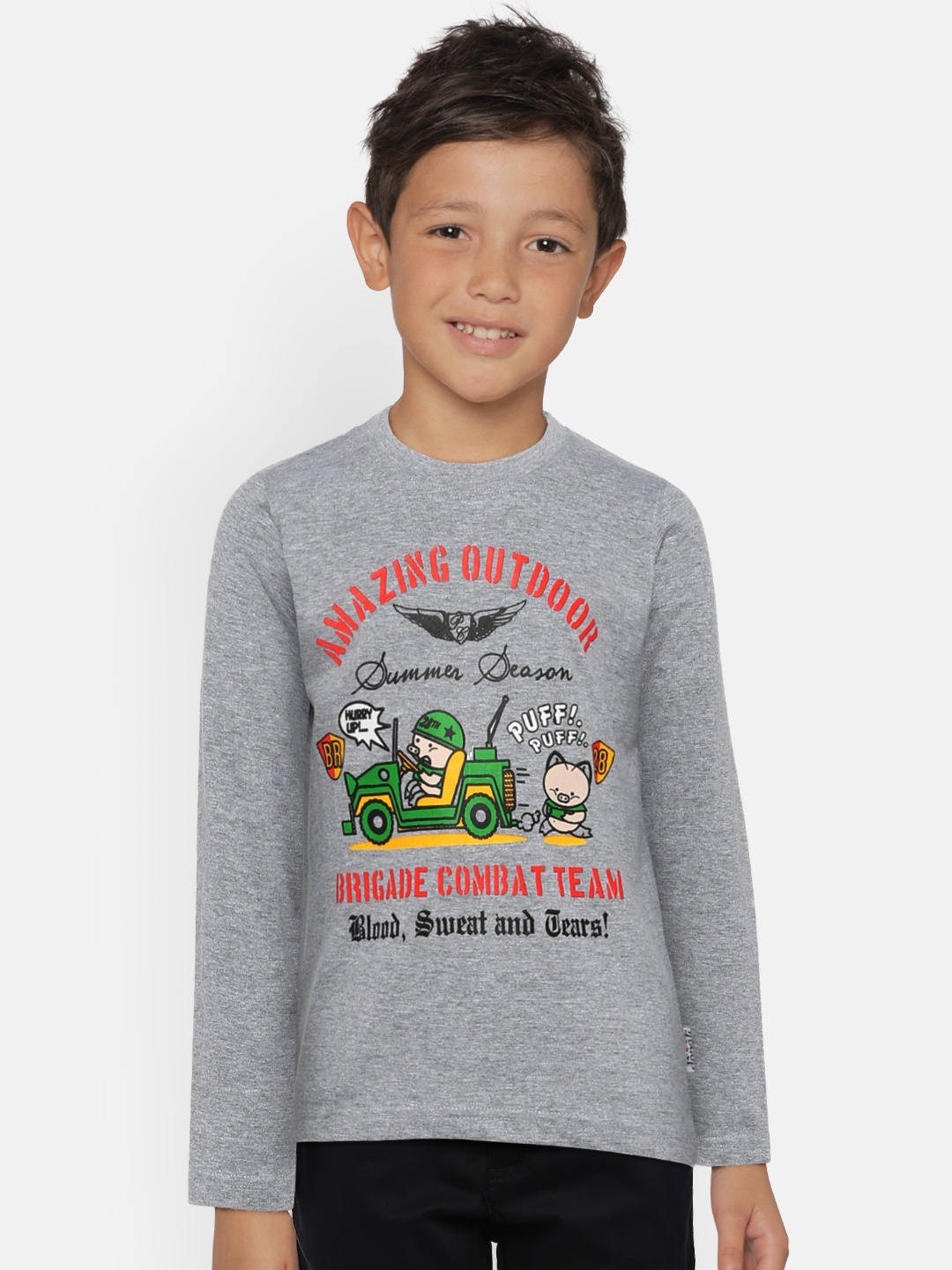 

dongli Boys Grey Melange Printed Round Neck T-shirt