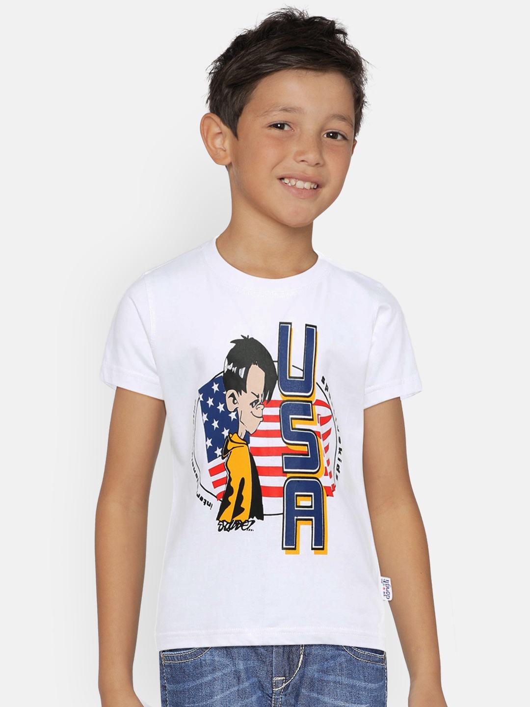 

dongli Boys White Printed Round Neck T-shirt