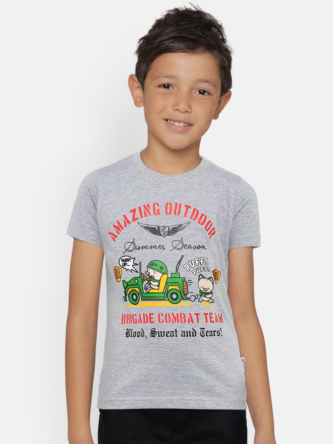 

dongli Boys Grey Melange Printed Round Neck T-shirt