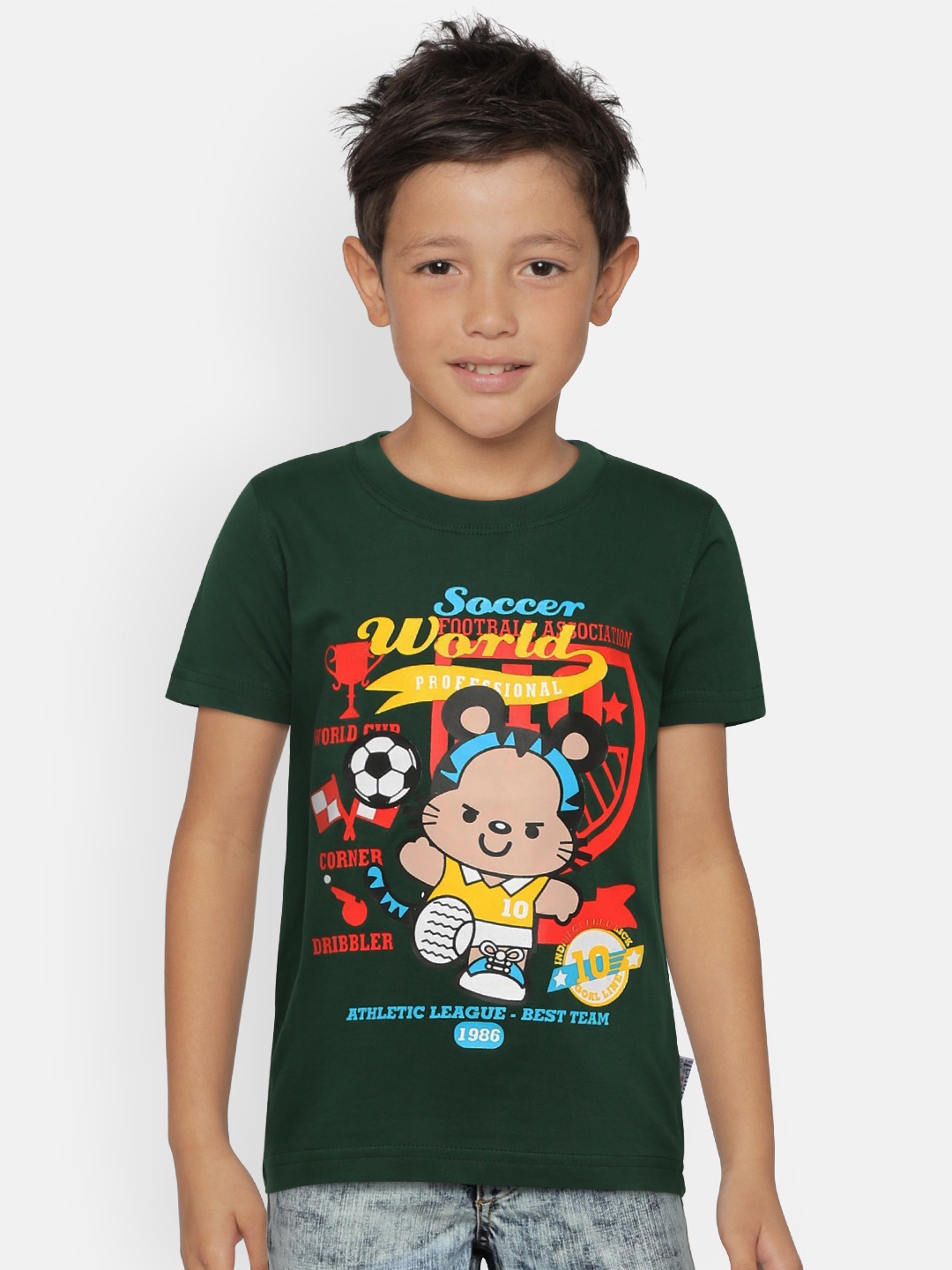 

dongli Boys Green Printed Round Neck T-shirt