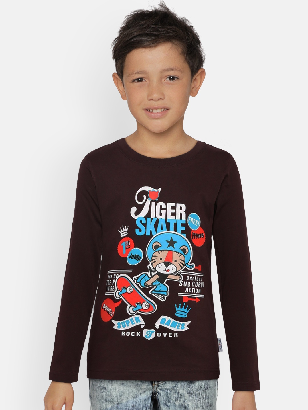 

dongli Boys Brown Printed Round Neck T-shirt