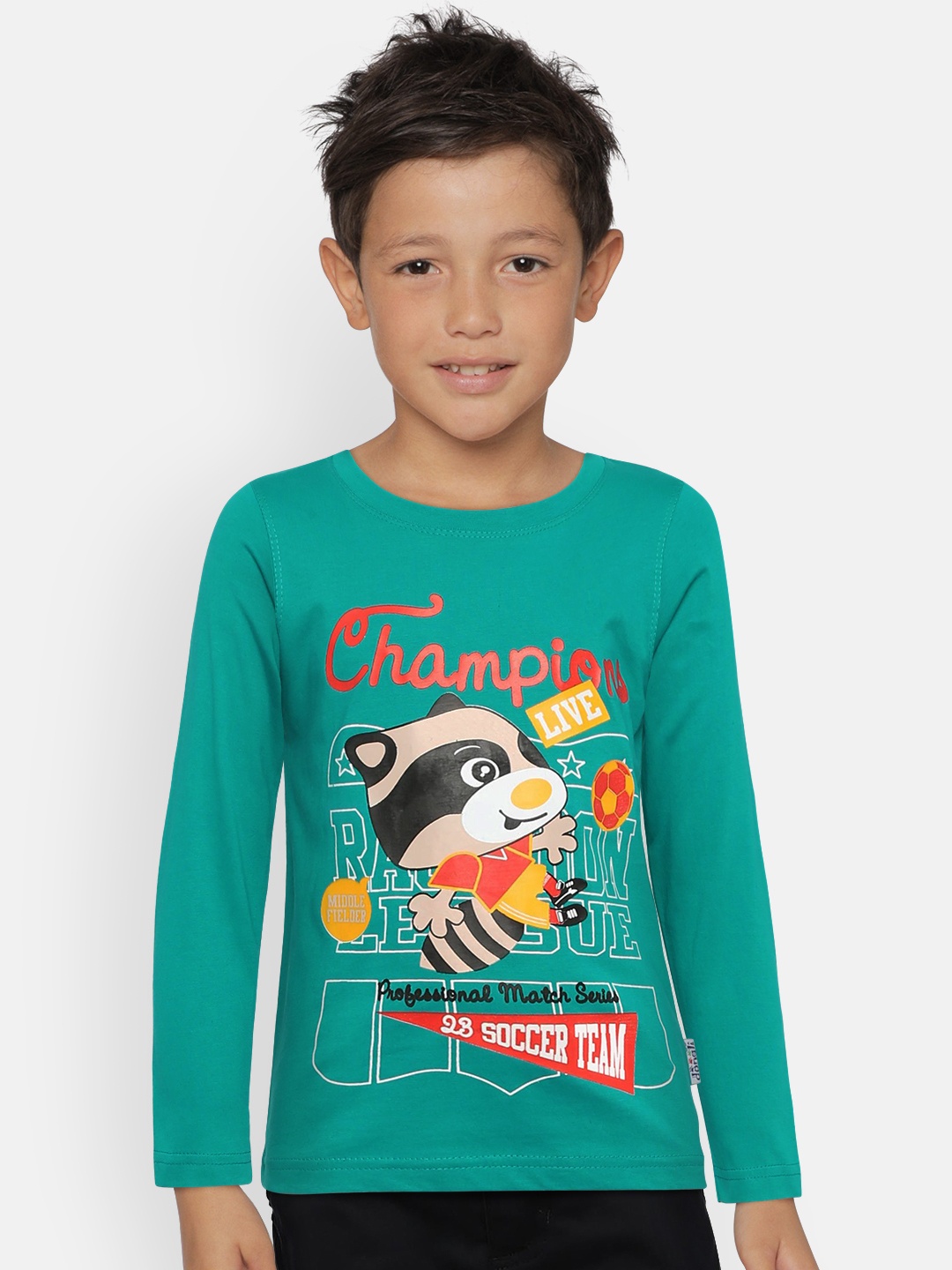 

dongli Boys Turquoise Blue Printed Round Neck T-shirt