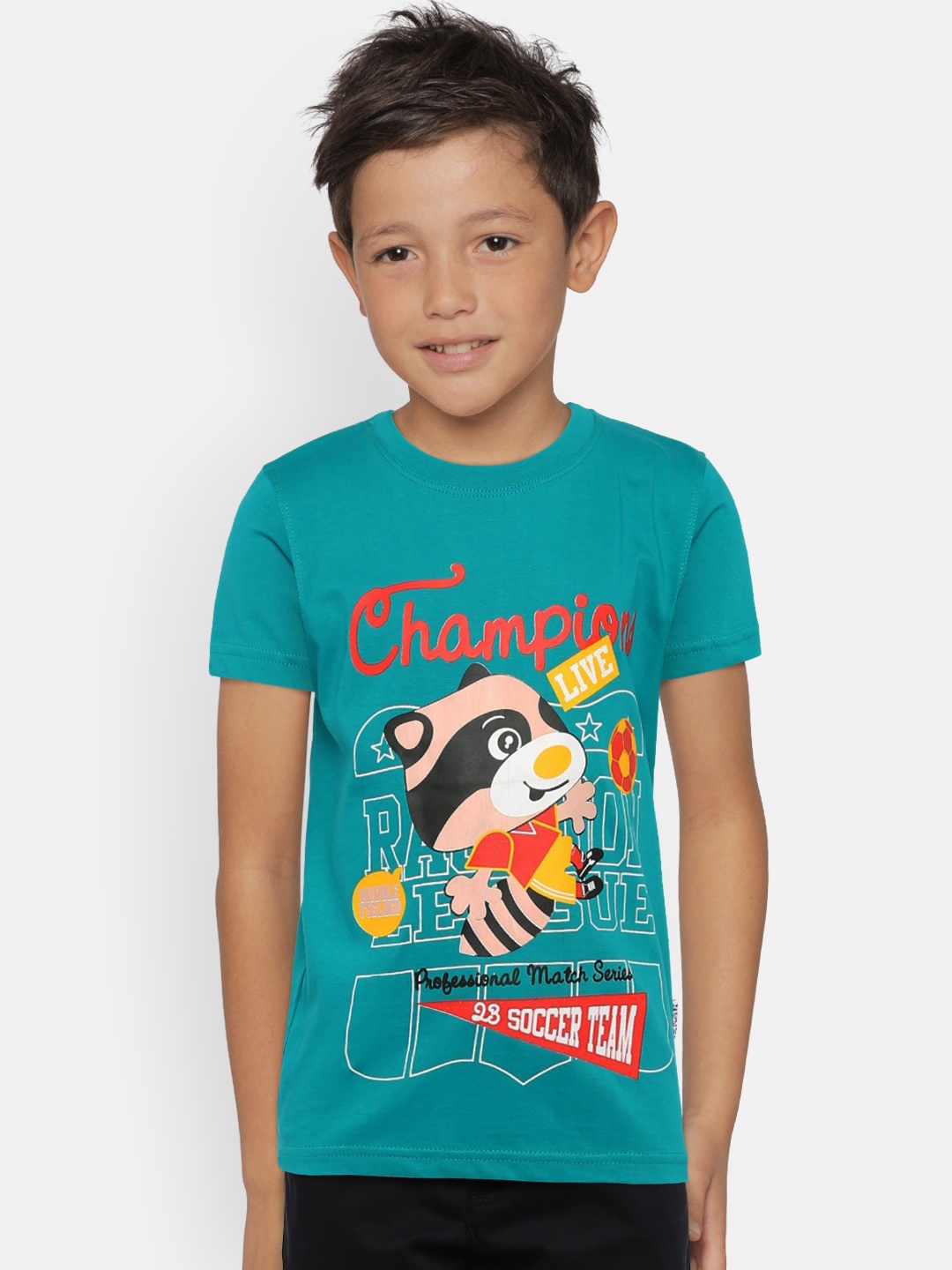 

dongli Boys Turquoise Blue Printed Round Neck T-shirt