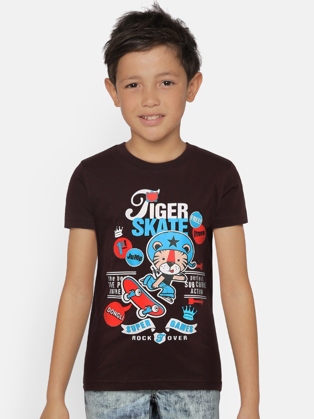 

dongli Boys Brown Printed Round Neck Pure Cotton T-shirt