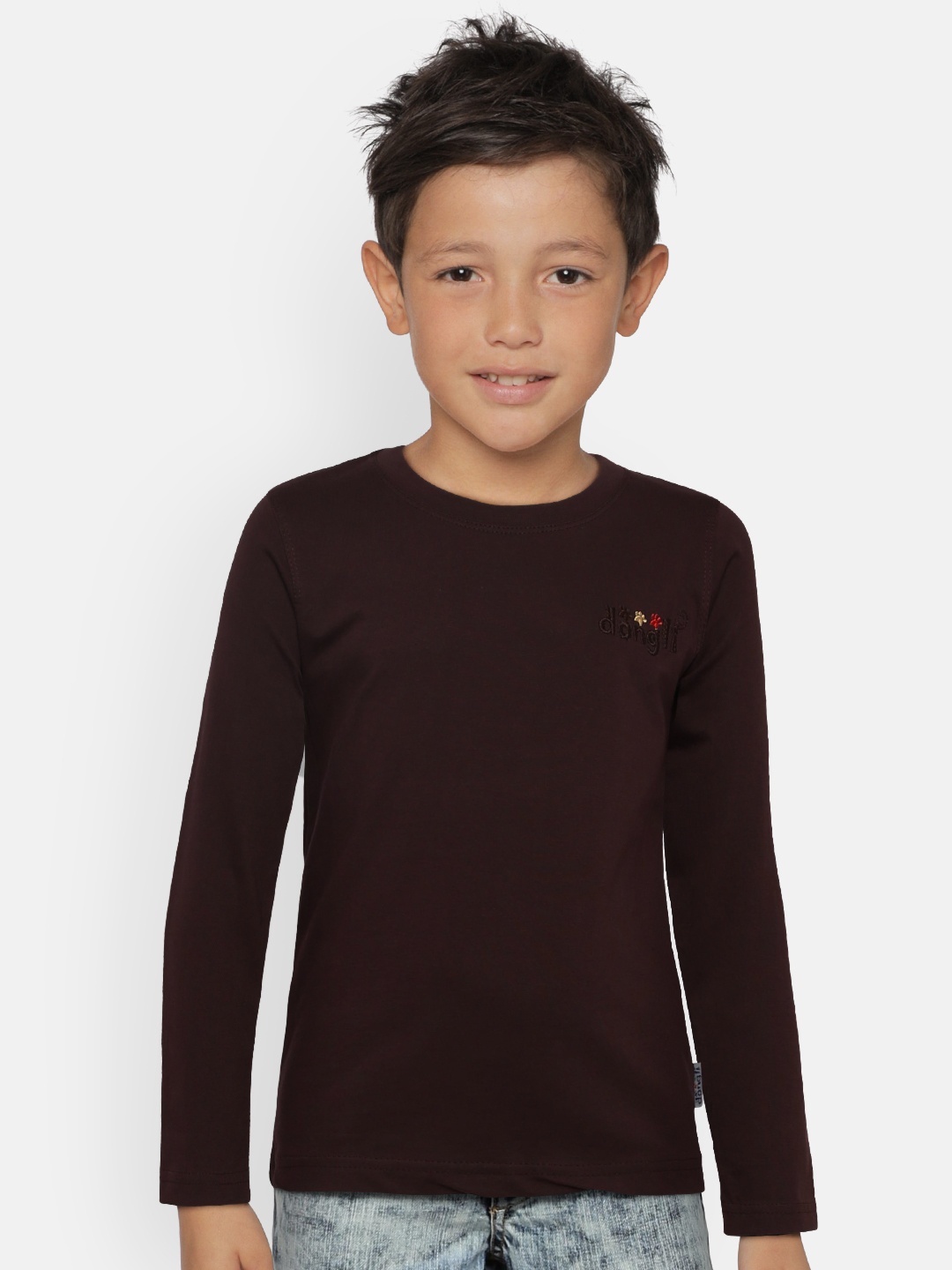 

dongli Boys Brown Solid Round Neck T-shirt