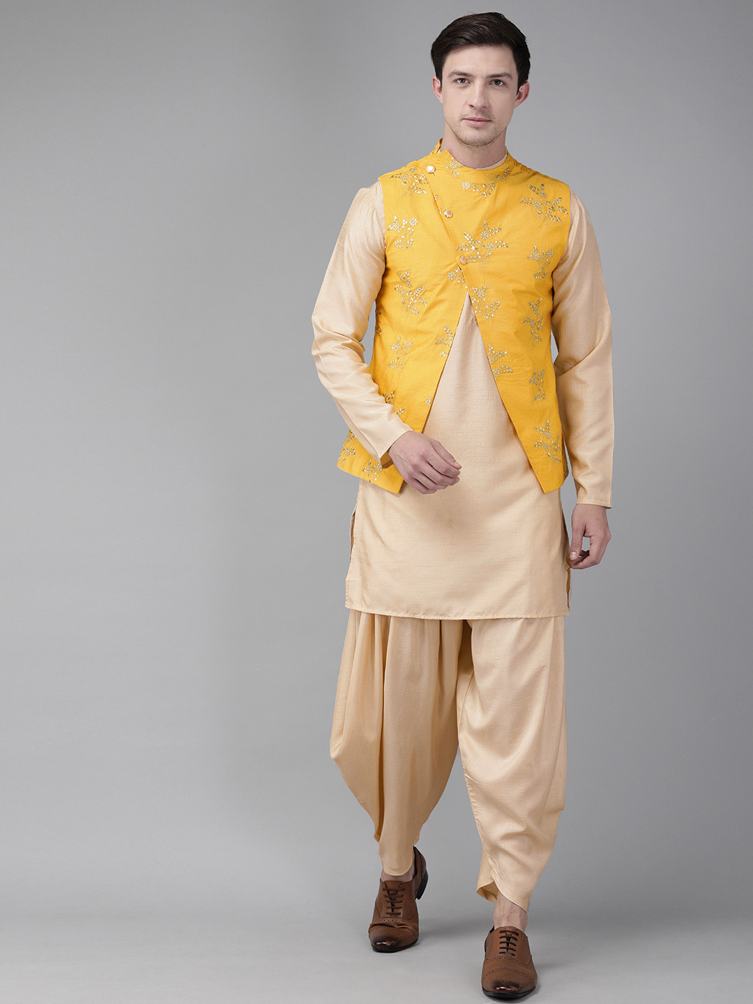 

Anouk Men Beige Solid Kurta Set With Embroidered Nehru Jacket