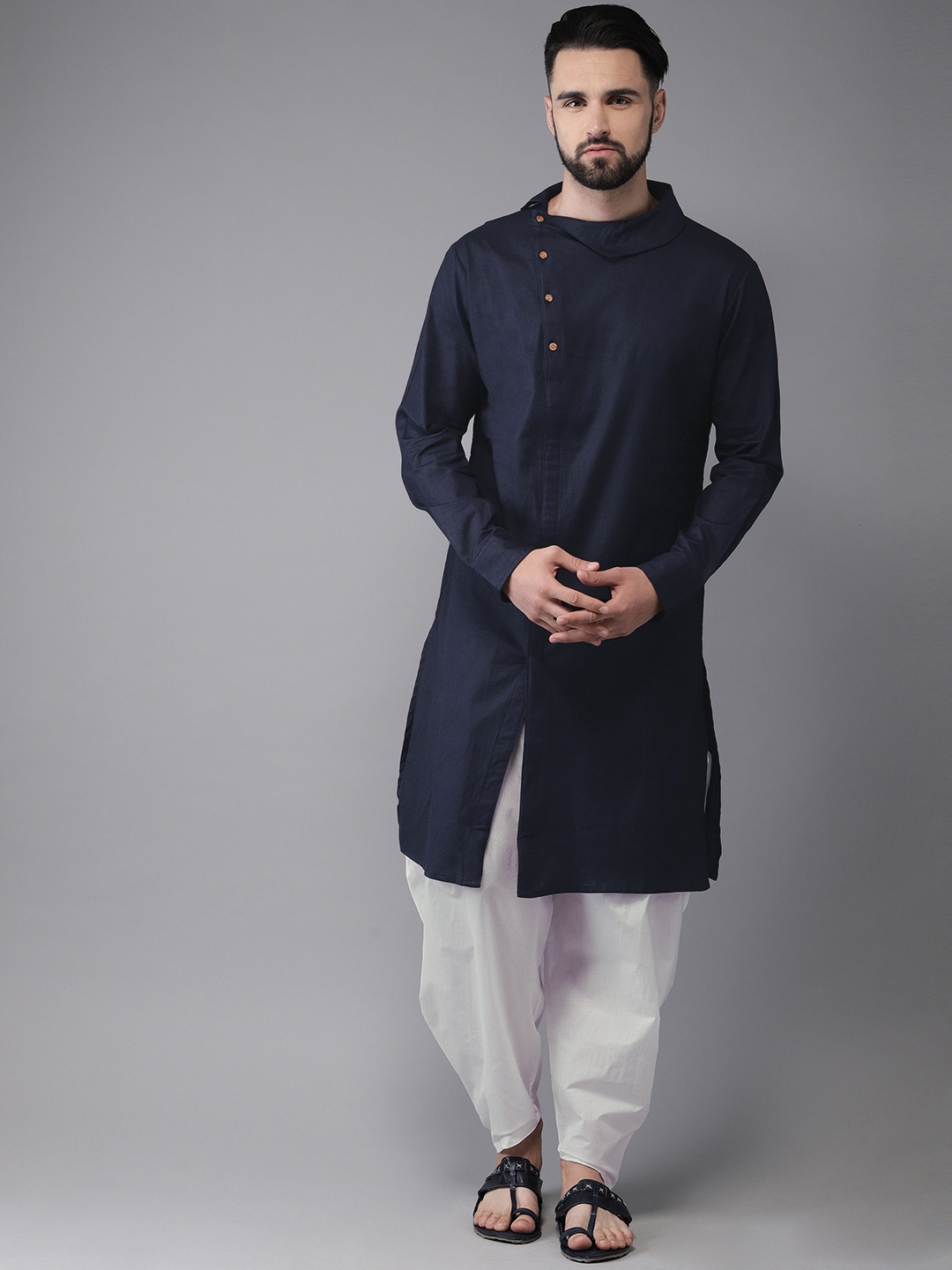 

Anouk Men Navy Blue & White Solid Fusion Kurta with Salwar