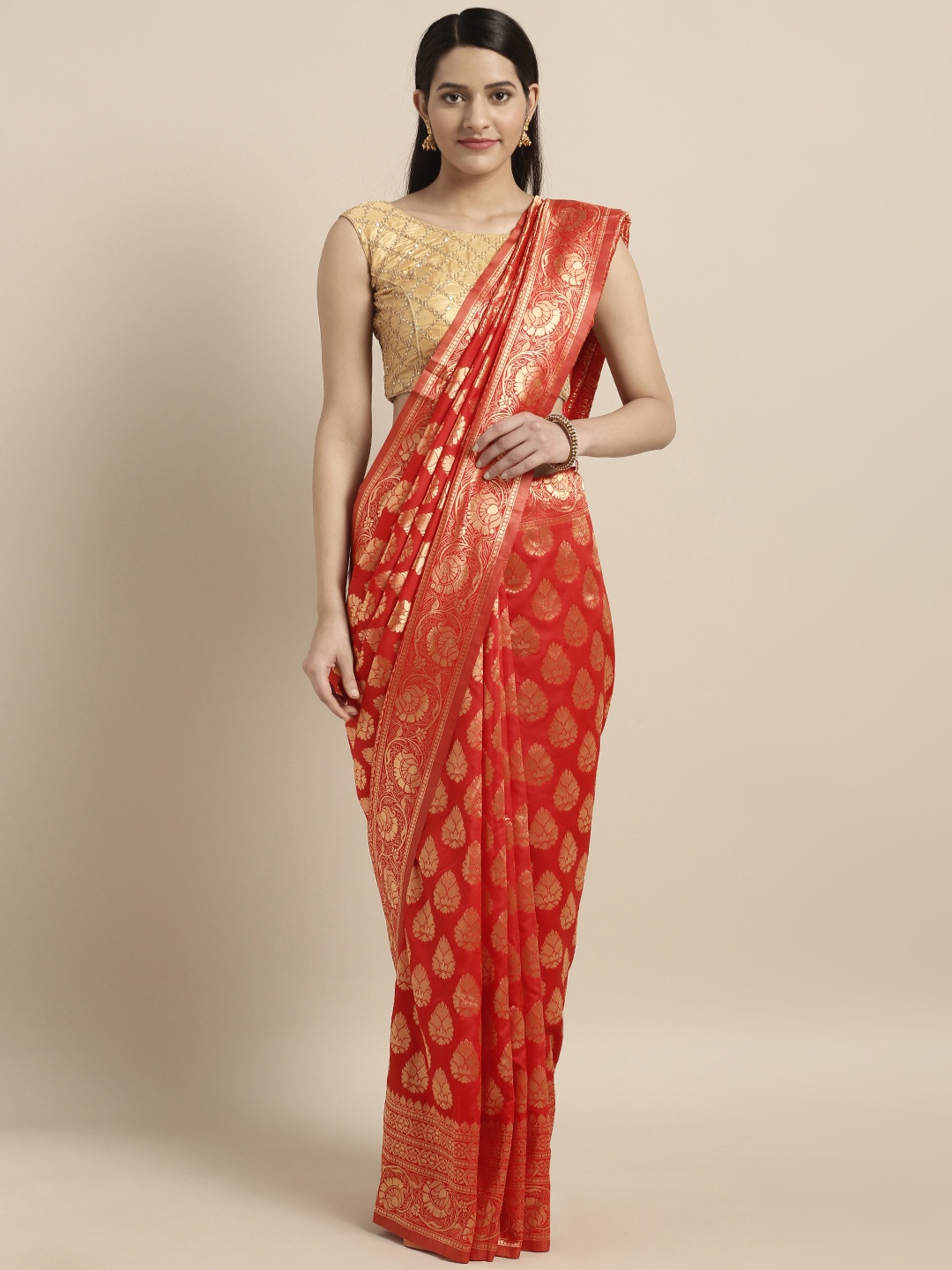 

Varkala Silk Sarees Red Silk Blend Woven Design Dharmavaram Saree