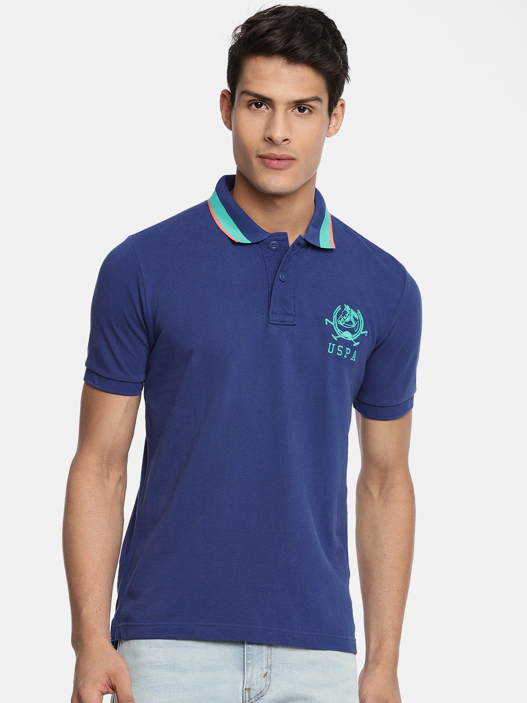 

U.S. Polo Assn. Men Blue Solid Polo Collar Pure Cotton T-shirt