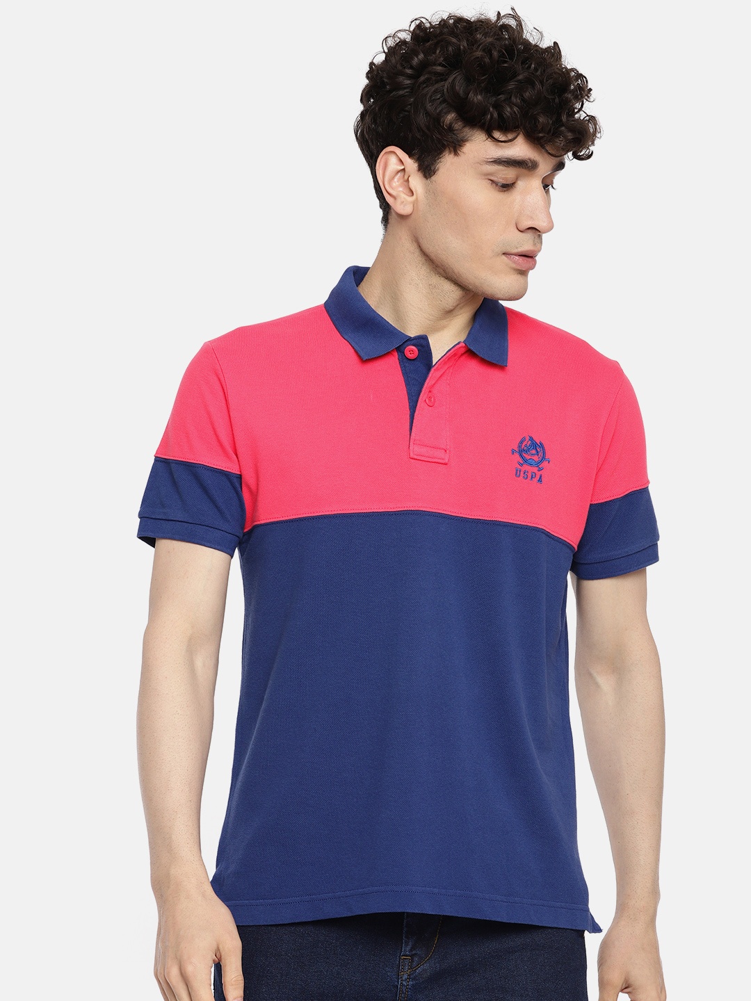 

U.S. Polo Assn. Men Blue Pink Colourblocked Polo Collar Pure Cotton T-shirt