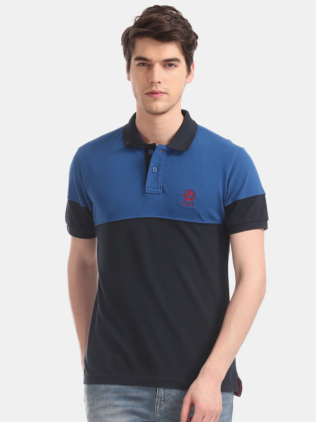 

U.S. Polo Assn. Men Blue Solid Polo Collar Pure Cotton T-shirt