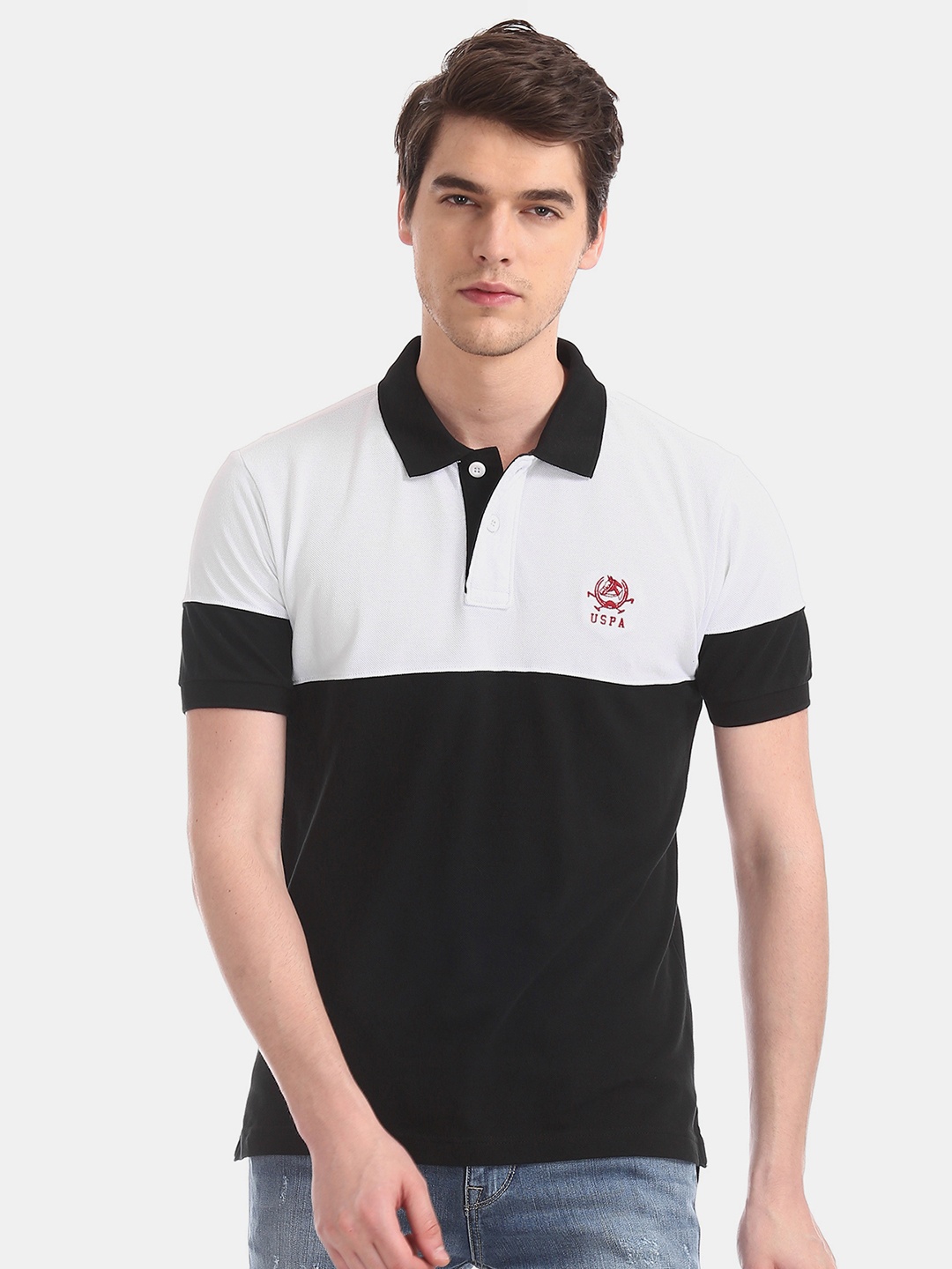 

U.S. Polo Assn. Men Black White Colourblocked Polo Collar Pure Cotton T-shirt