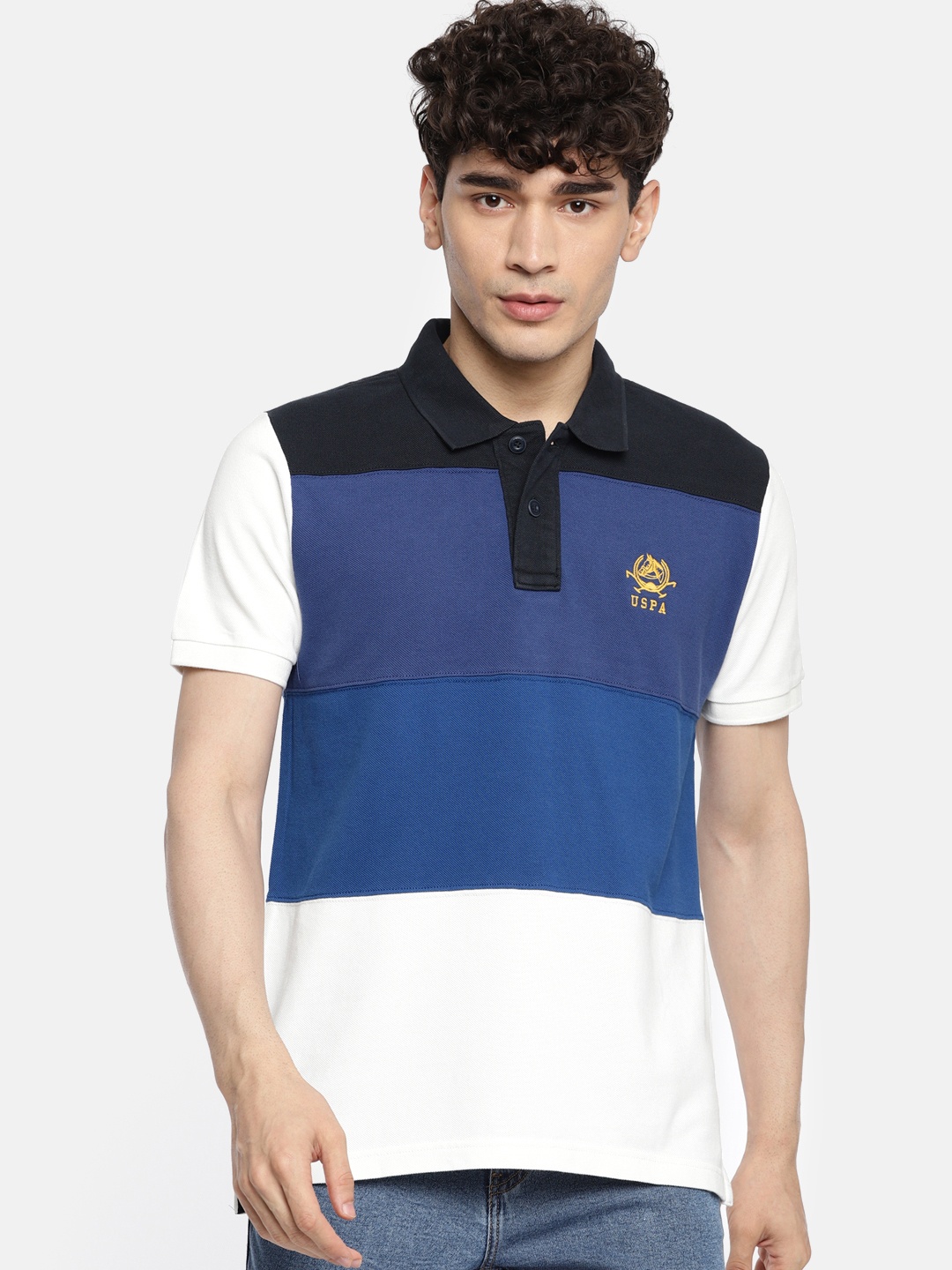 

U.S. Polo Assn. Men White Navy Blue Colourblocked Polo Collar Pure Cotton T-shirt