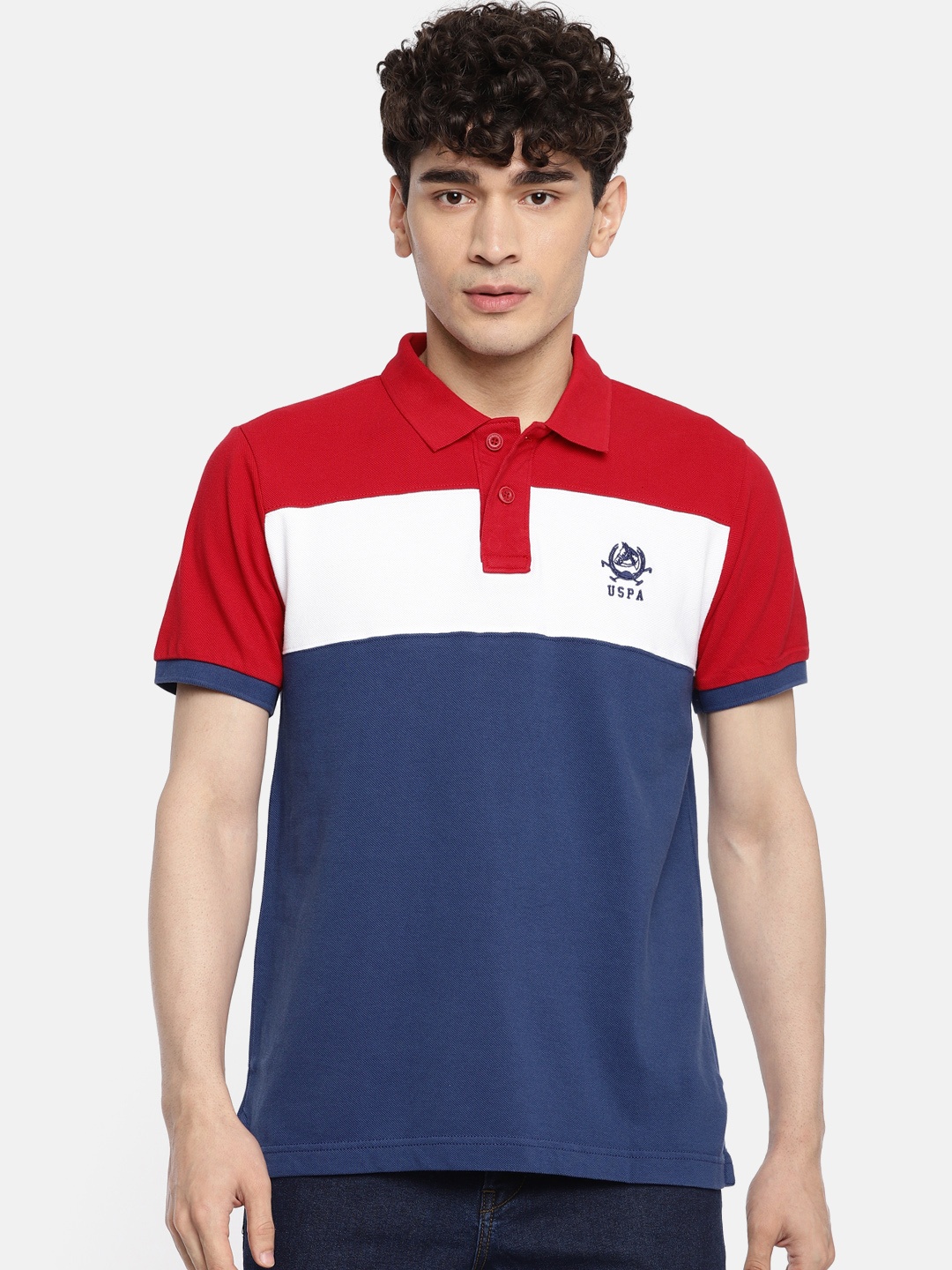 

U.S. Polo Assn. Men Red Blue Colourblocked Polo Collar Pure Cotton T-shirt
