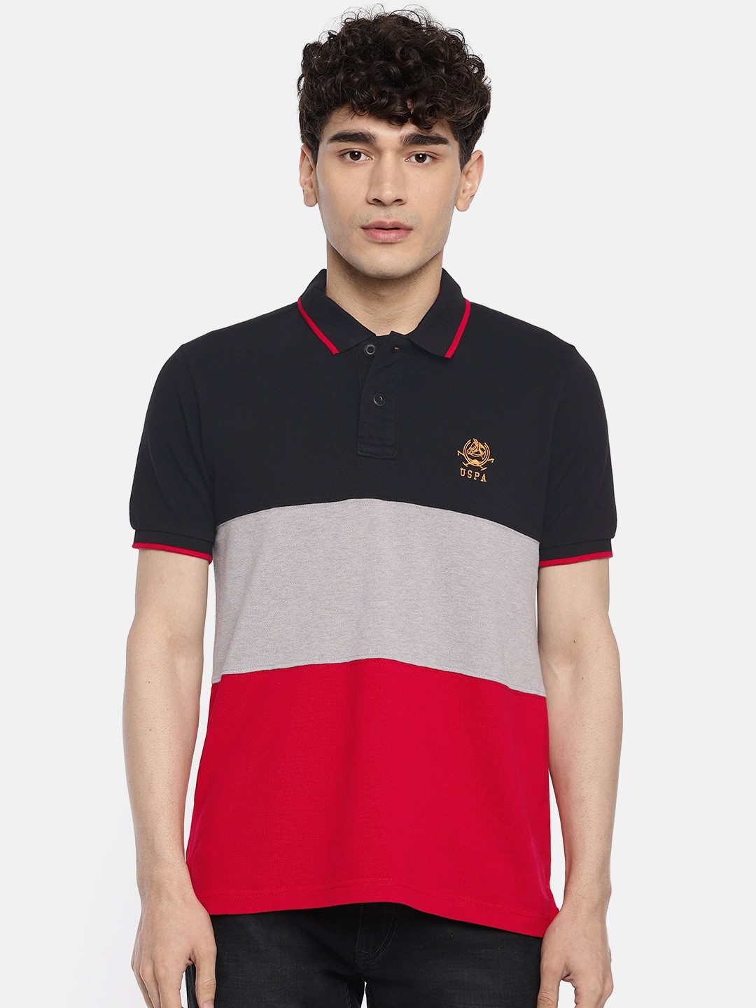 

U.S. Polo Assn. Men Black Red Colourblocked Polo Collar Pure Cotton T-shirt