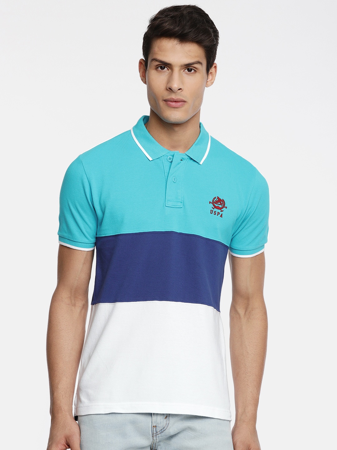 

U.S. Polo Assn. Men Blue & White Colourblocked Polo Collar T-shirt