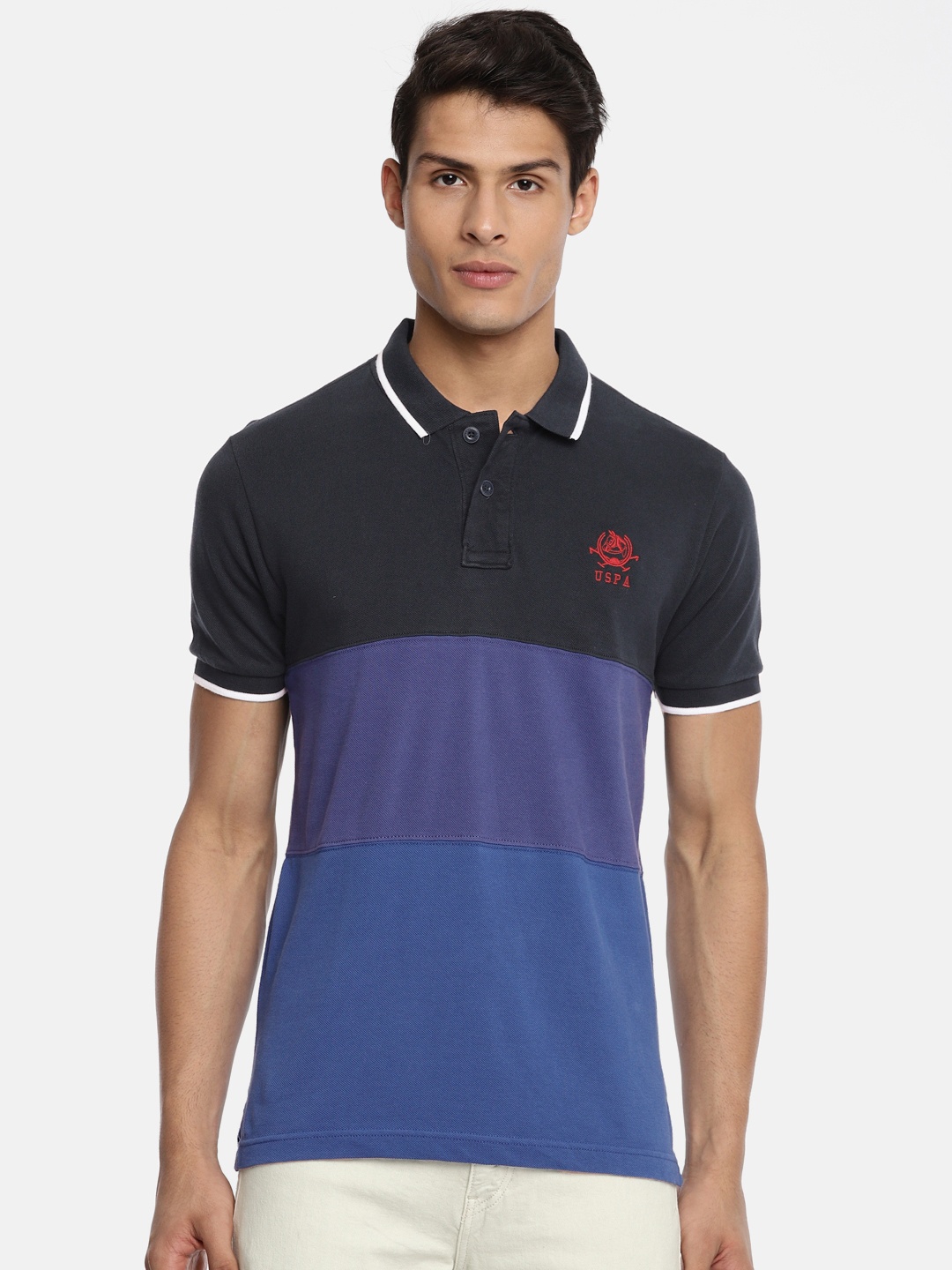 

U.S. Polo Assn. Men Blue Solid Polo Collar Pure Cotton T-shirt