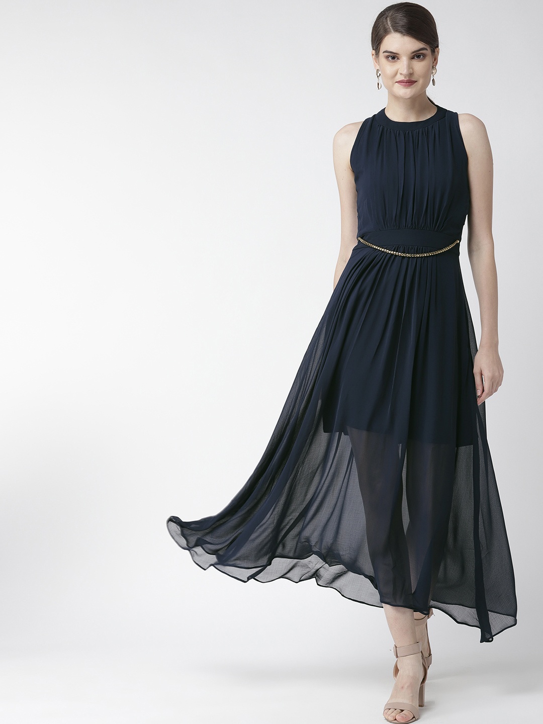 

WoowZerz Women Solid Navy Blue Semi Sheer Maxi Dress
