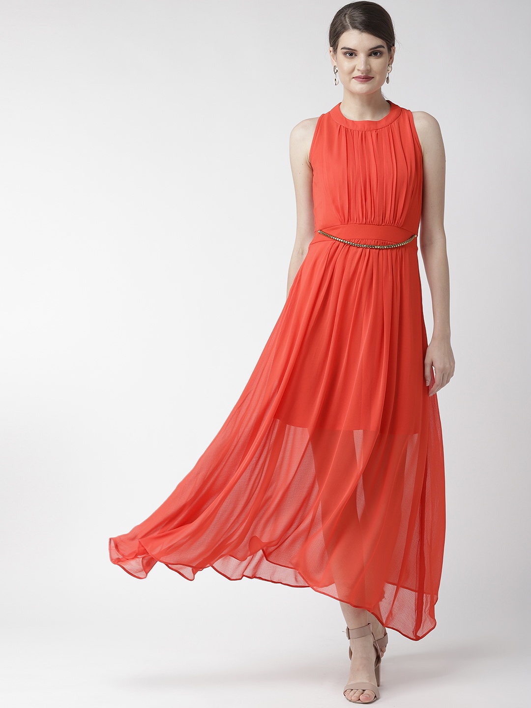 

WoowZerz Women Solid Orange Semi Sheer Maxi Dress