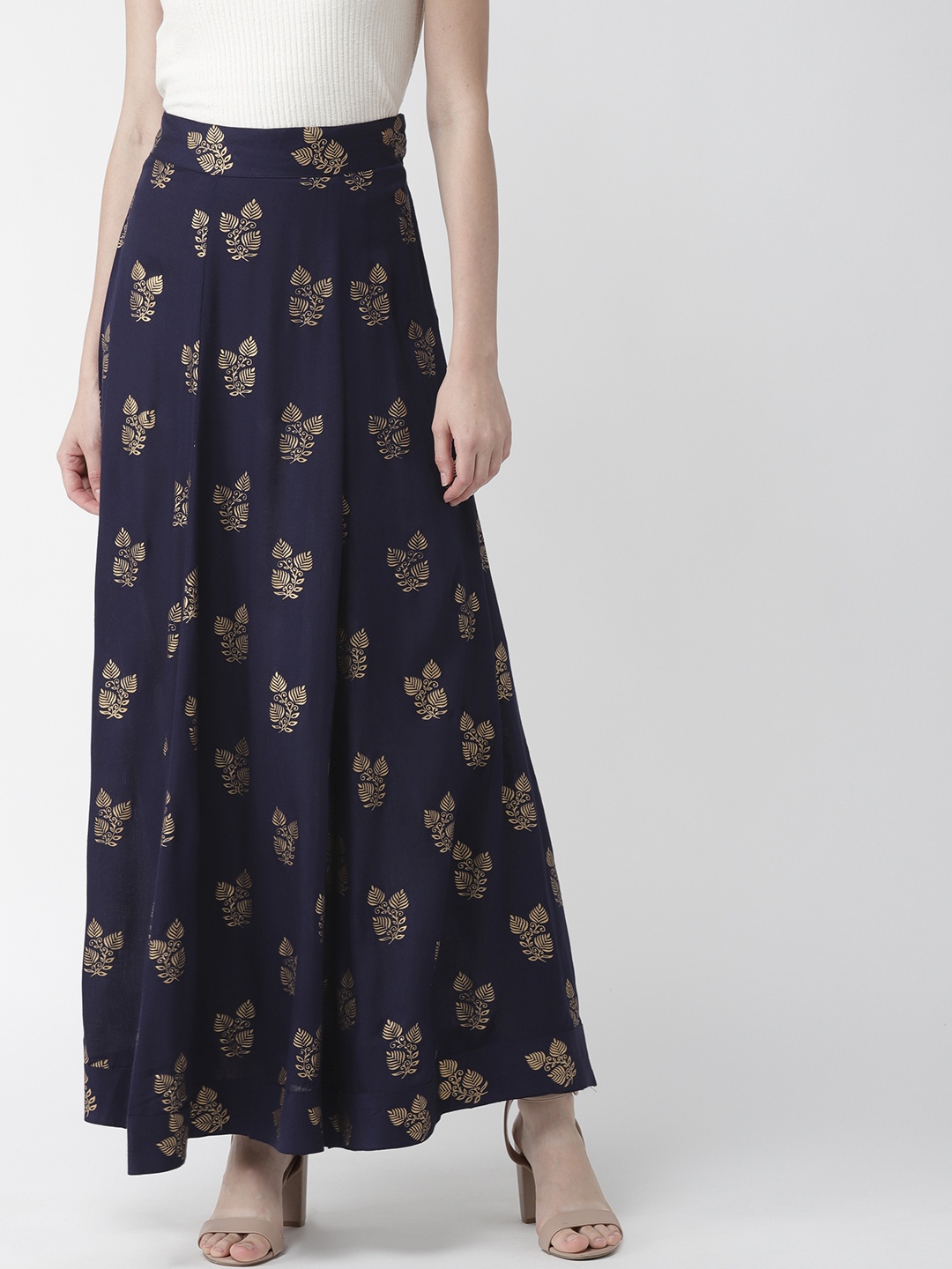 

Woowzerz Women Navy Blue & Golden Foil Print Maxi Flared Skirt