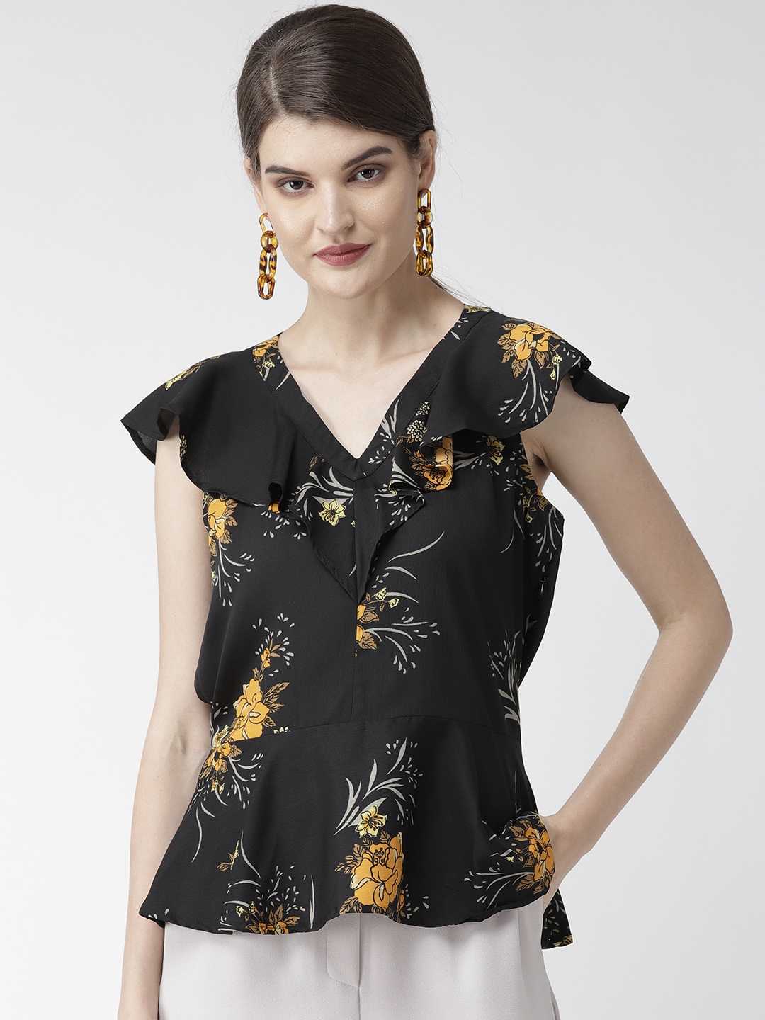 

WoowZerz Women Black & Mustard Yellow Printed Cinched Waist Top