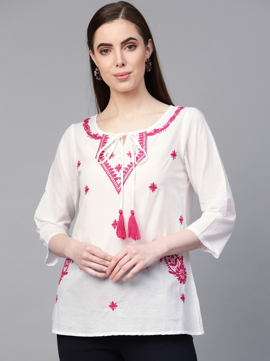 

Bhama Couture Women White & Pink Embroidered Top
