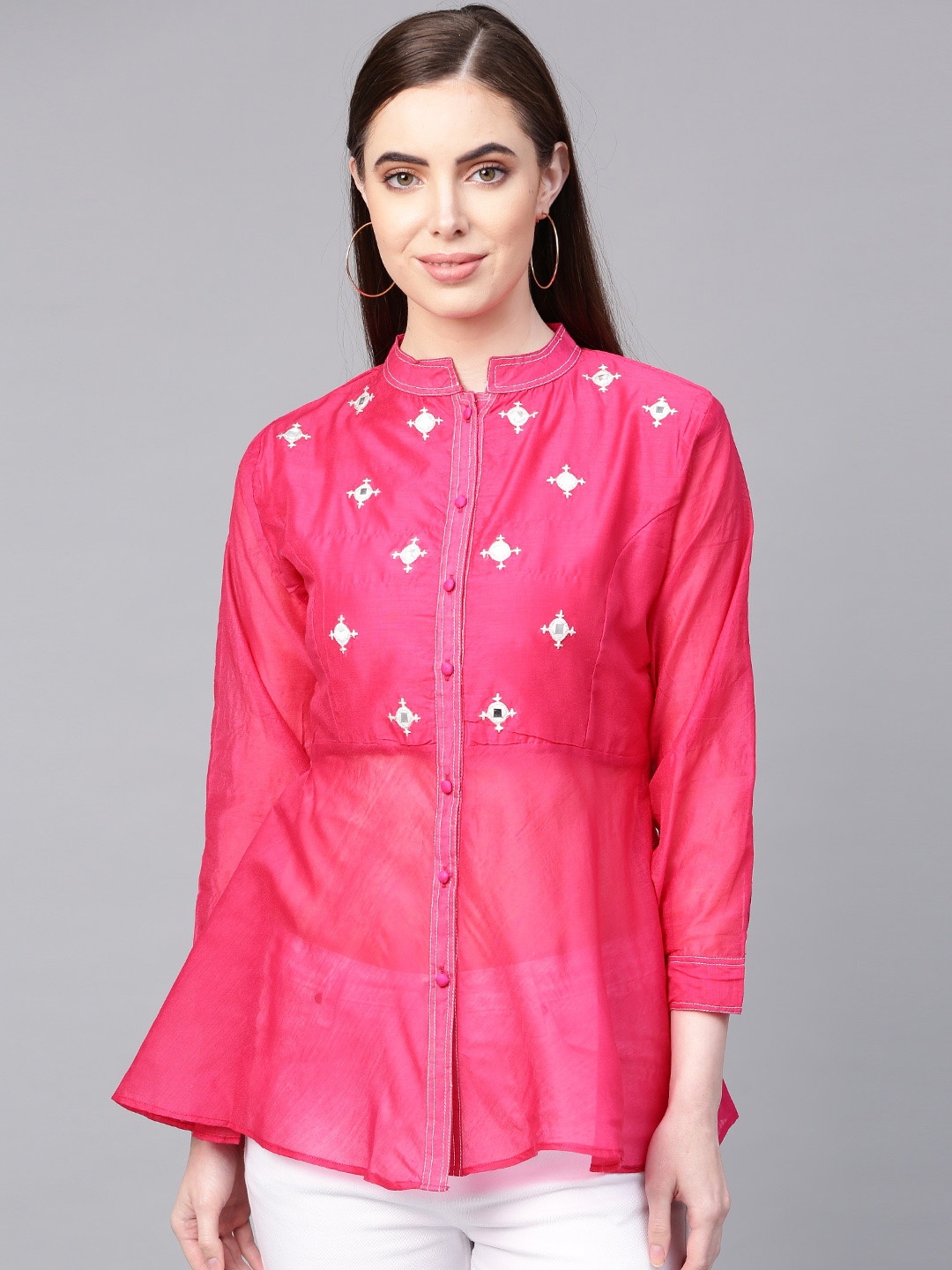 

Bhama Couture Women Fuchsia Pink Embellished Semi Sheer A-Line Pure Cotton Top