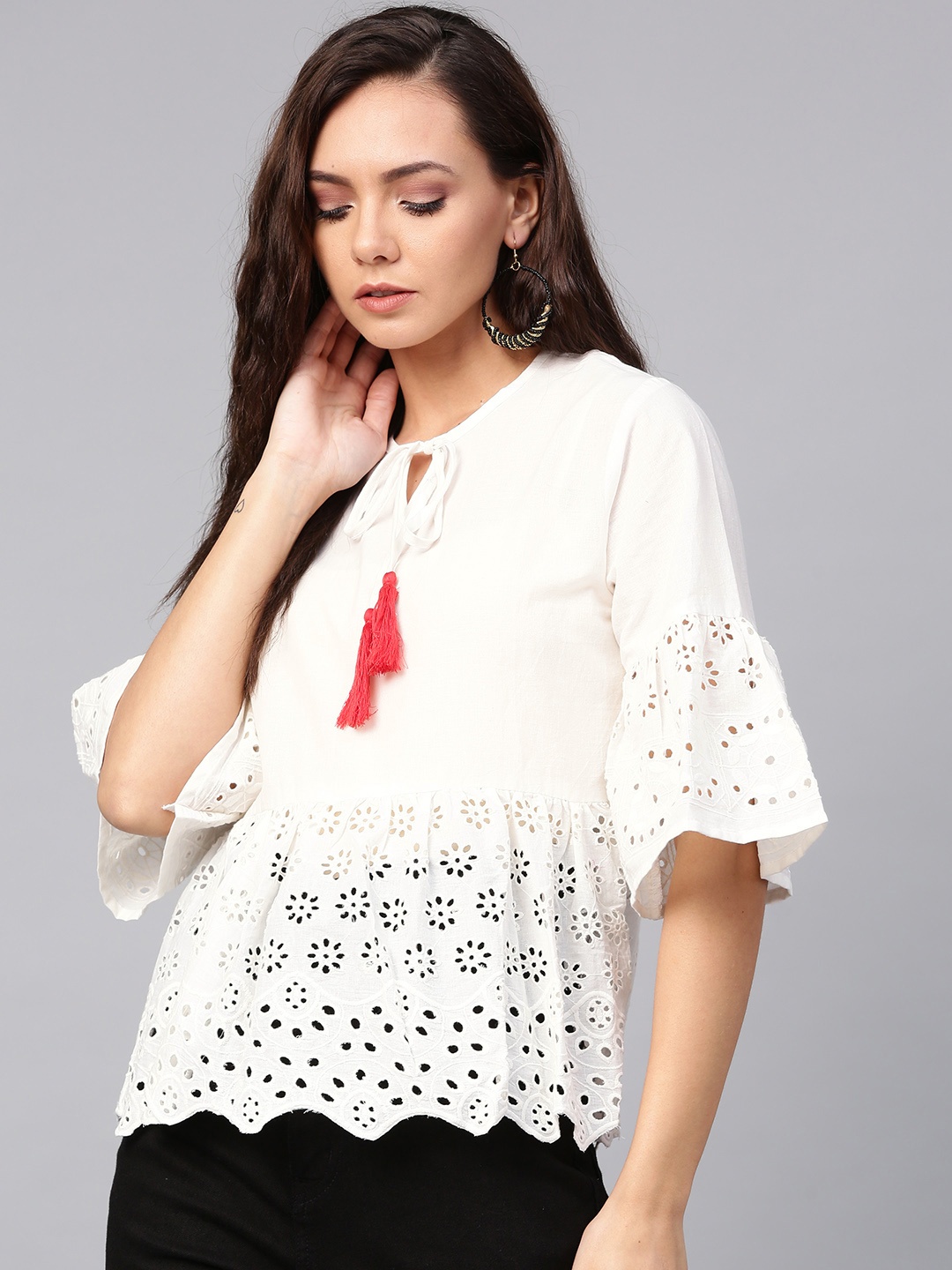 

Bhama Couture Women White Schiffli Embroidered A-Line Pure Cotton Top