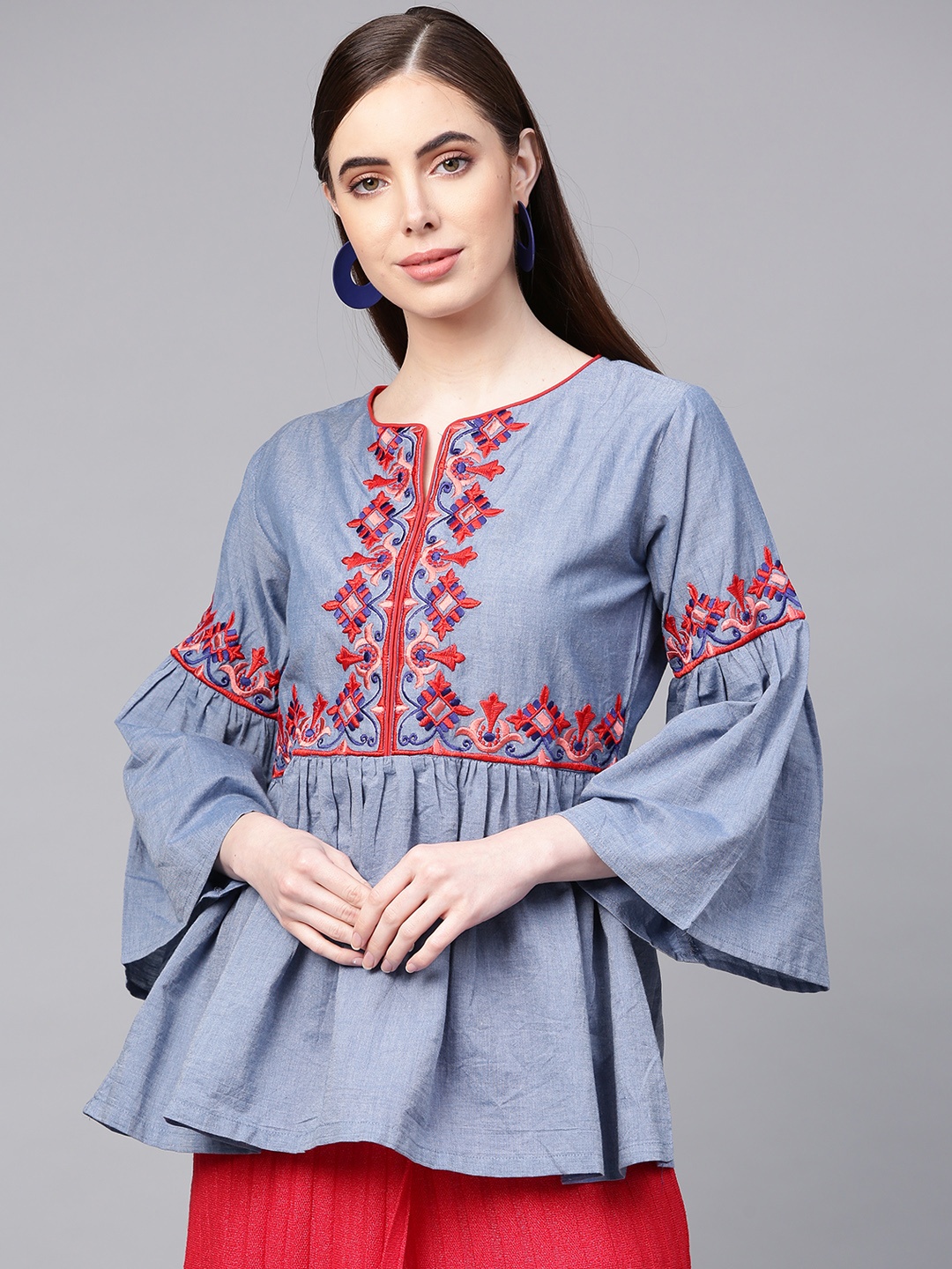 

Bhama Couture Women Blue Embroidered A-Line Pure Cotton Top