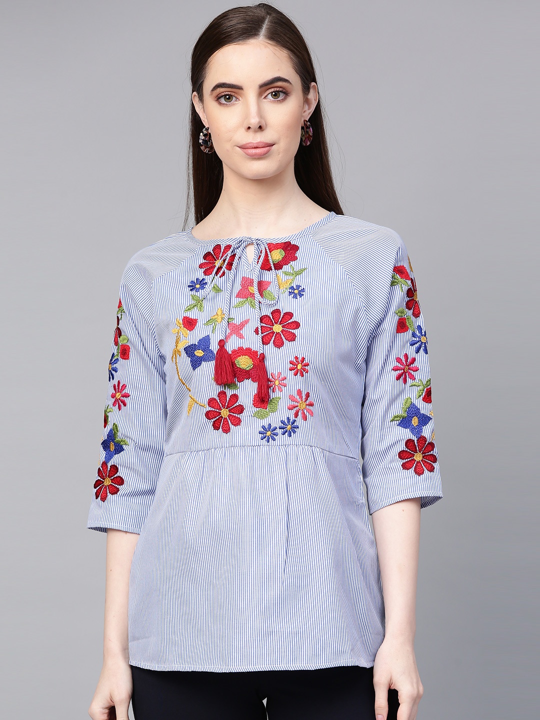 

Bhama Couture Women Blue & White Striped Floral Embroidered Regular Pure Cotton Top
