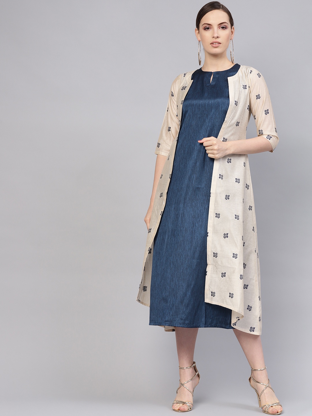 

Libas Women Navy Solid Maxi Dress with Ethnic Jacket, Navy blue