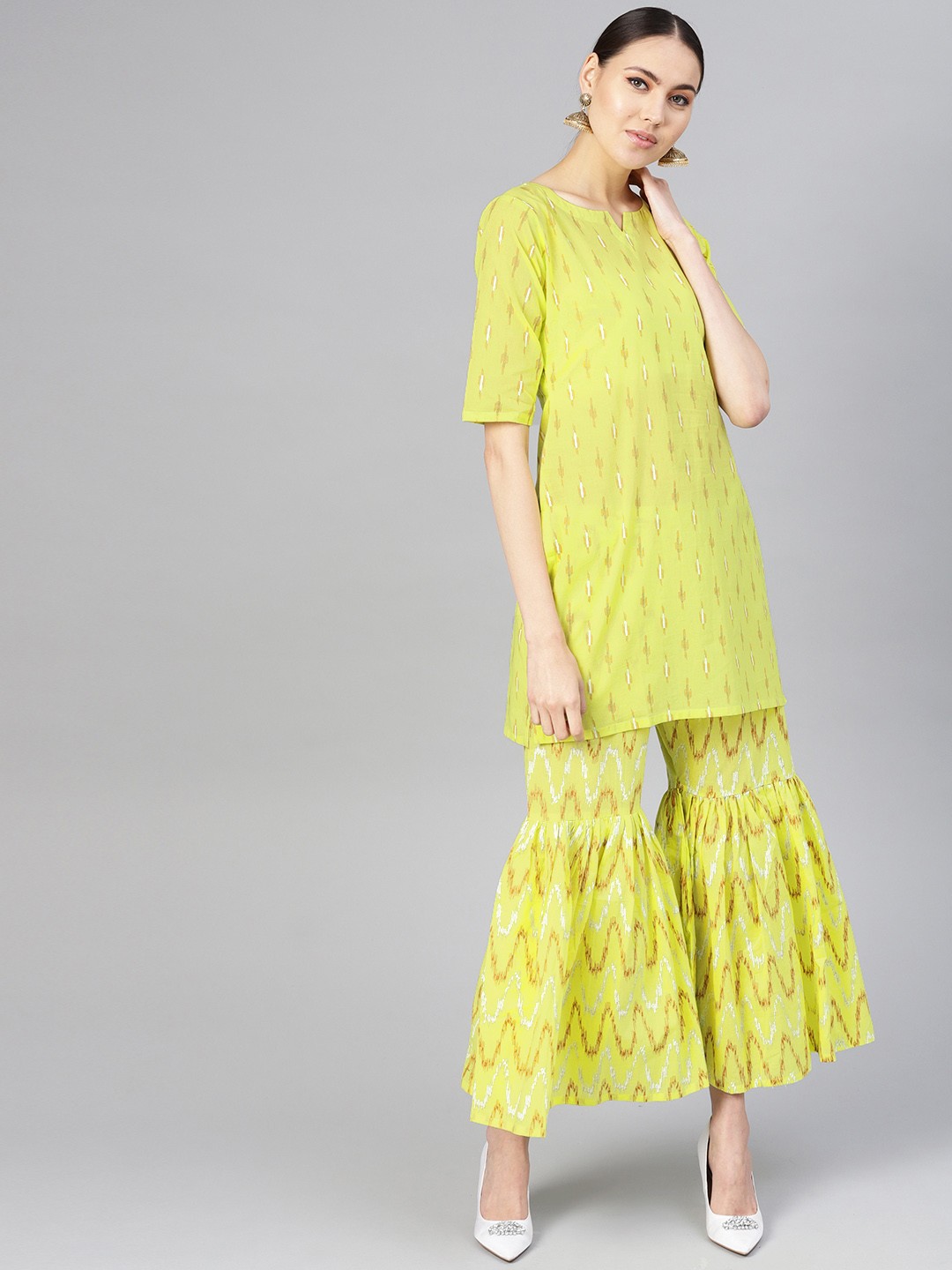 

Libas Women Lime Green & Brown Printed Kurta with Sharara