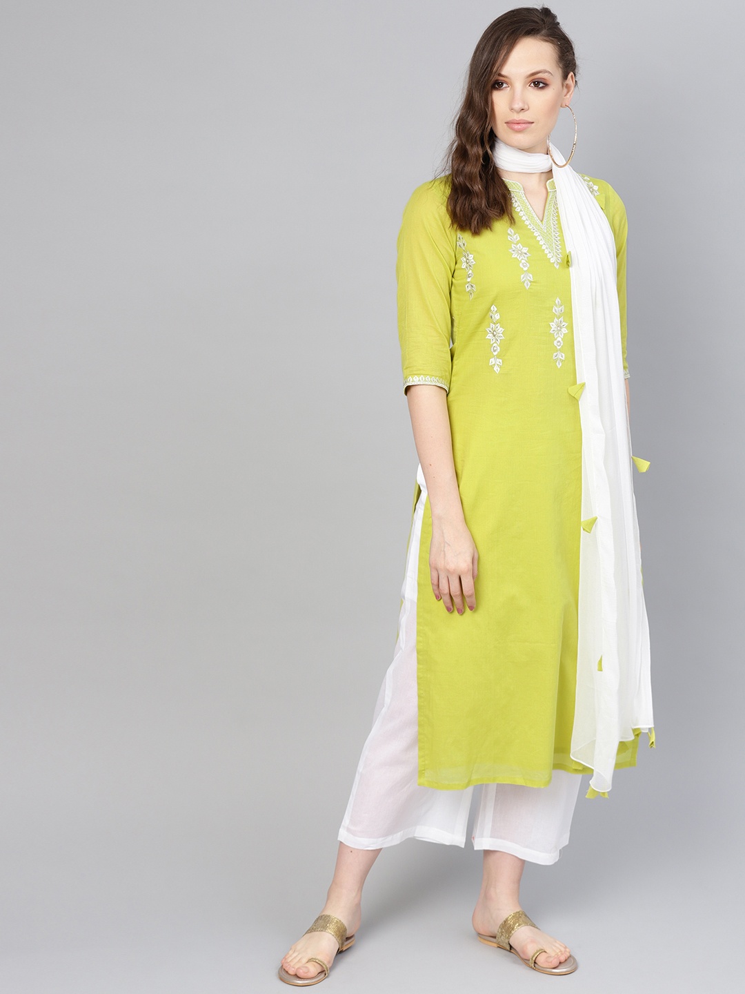 

Libas Women Lime Green & Off-White Embroidered Kurta with Palazzos & Dupatta