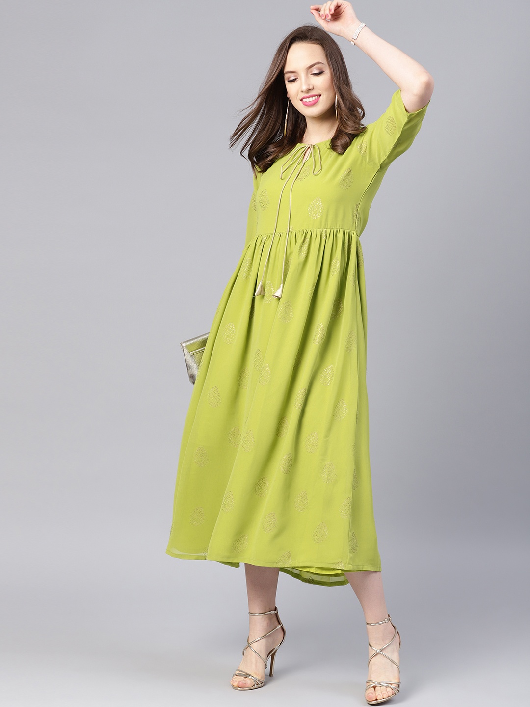 

Libas Women Green & Golden Block Print A-Line Dress