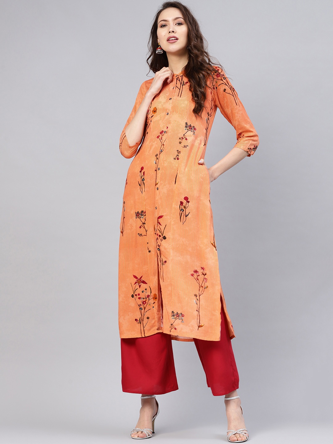 

Libas Women Orange & Black Floral Print Straight Kurta