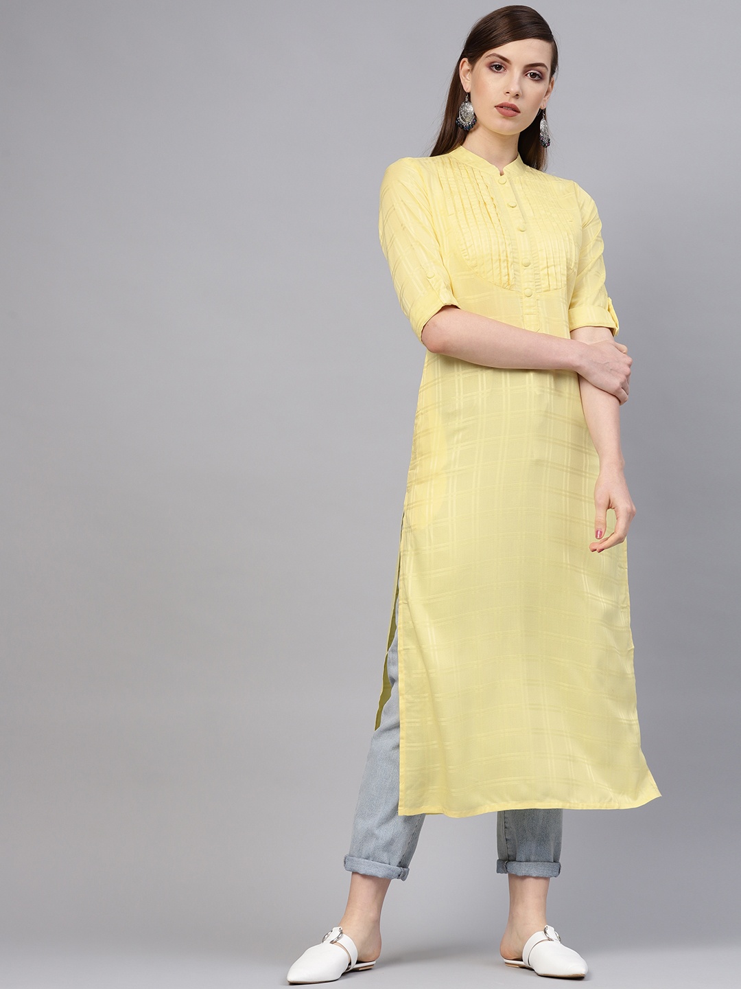 

Libas Women Yellow Self Checked Straight Kurta