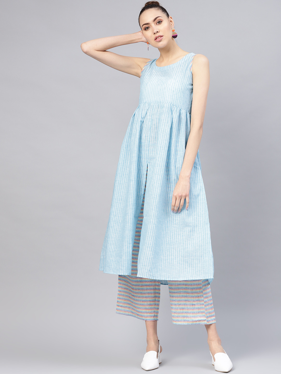 

Libas Women Blue & White Striped Kurta with Palazzos