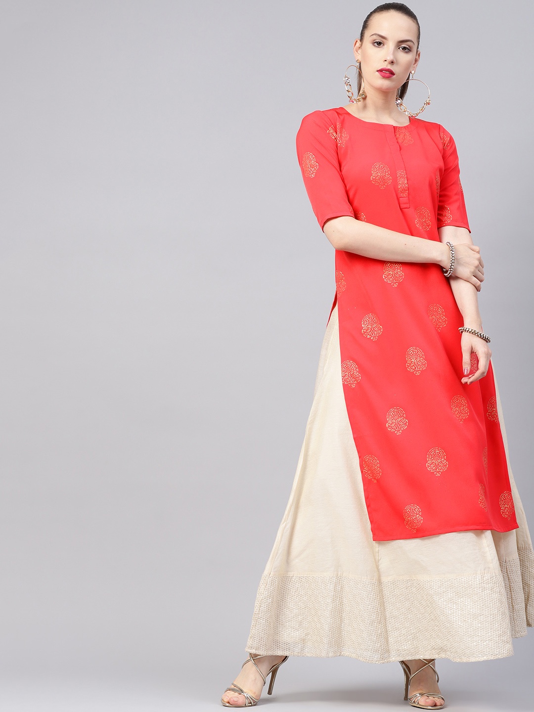 

Libas Women Red & Golden Block Print Straight Kurta