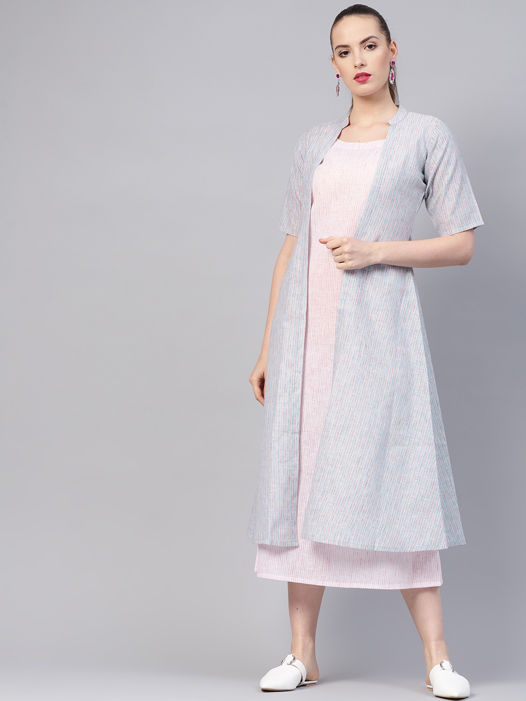

Libas Women Pink & Blue Self-Striped Layered A-Line Dress